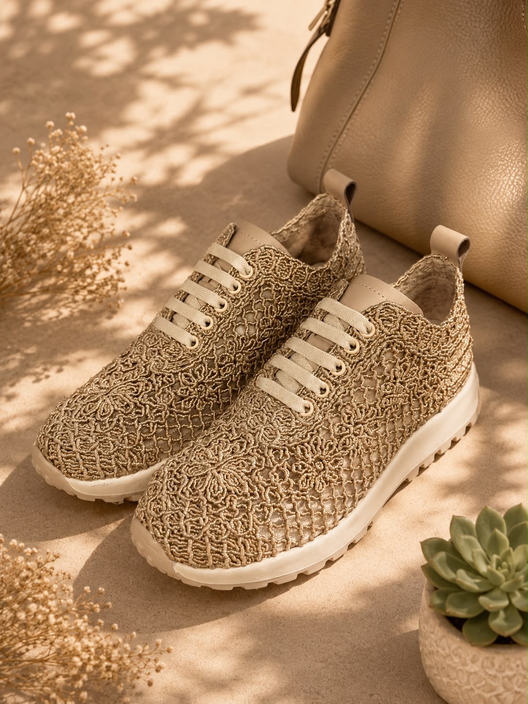 Prémium női sneaker bézs nyári editorial környezetben